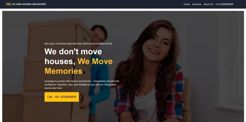 SB Packers and Movers website home page